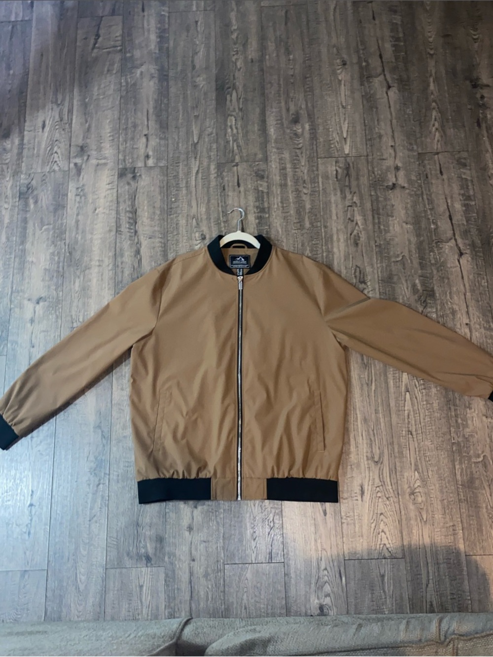 Men's Tan Bomber Jacket with Black Trim - Classic Zip Front